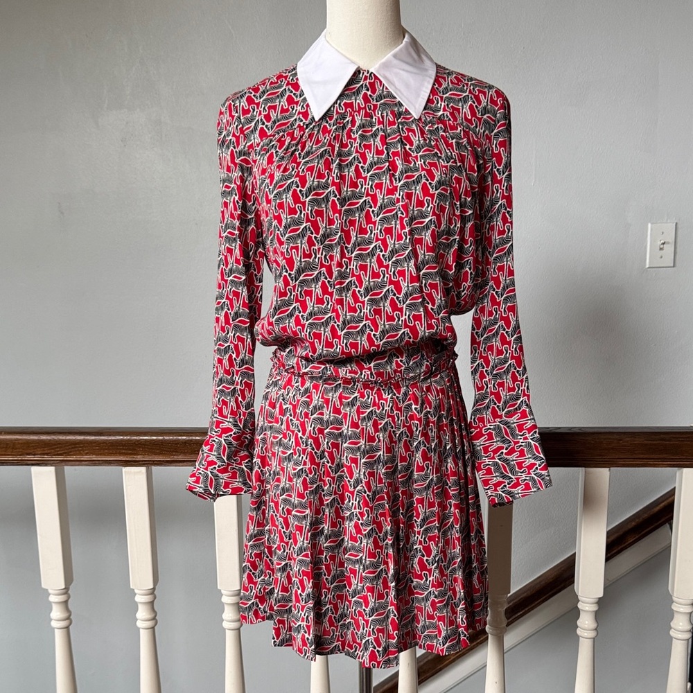 Zara Red and White Zebra Printed Pleated Skirt Set
